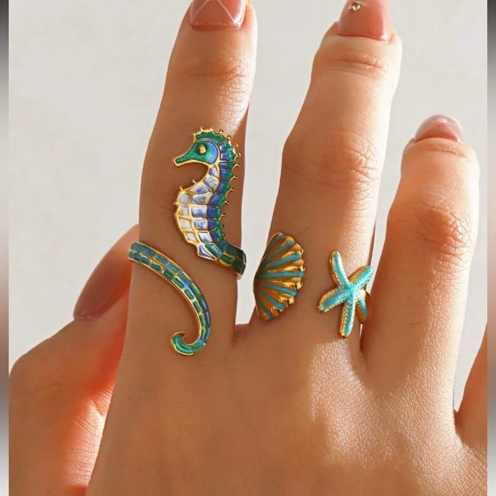 2 Pcs Summer Jewelry Set | Colorful Enamel Starfish & Seashell Rings